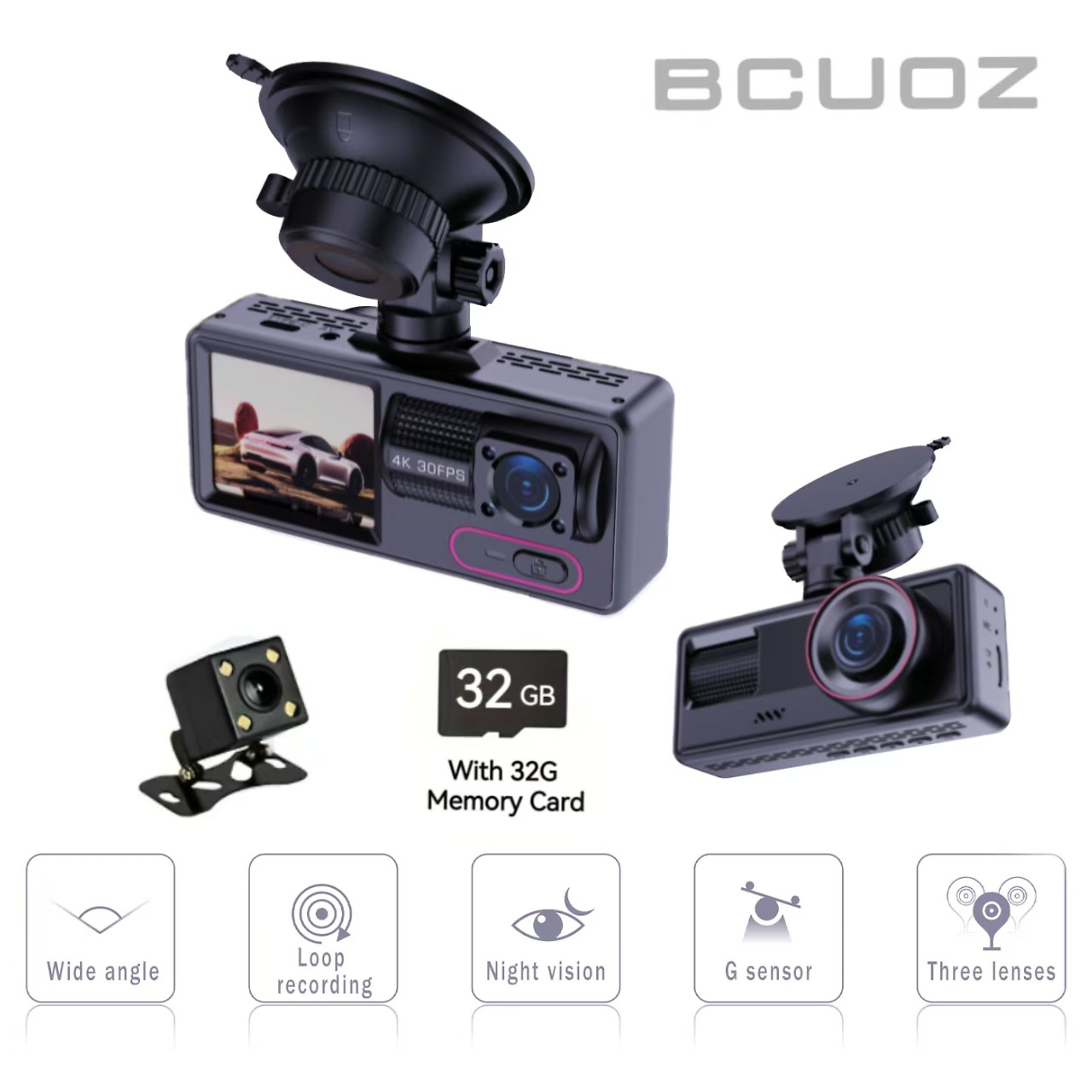 BlackTeck 1080P 3-Lens Dash Cam — Wide Angle, Night Vision, Loop Recording, Model# NTE-M16-32G-3